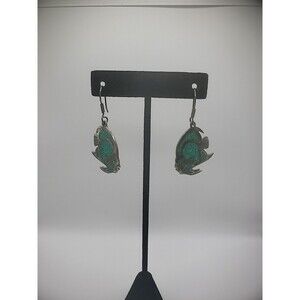 Vintage Sterling Silver .925 Turquoise Stone Inlay Earrings Hook Pierced Jewelry